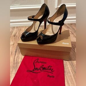 Christian Louboutin Iowa Zappa Mary Jane Peep Toe Black Patent Leather Heels